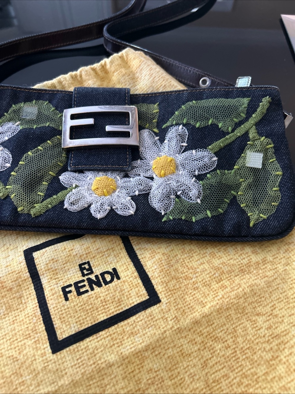Fendi Denim Baguette with White & Yellow Floral Appliqués and Silver Buckle - Picture 3 of 11